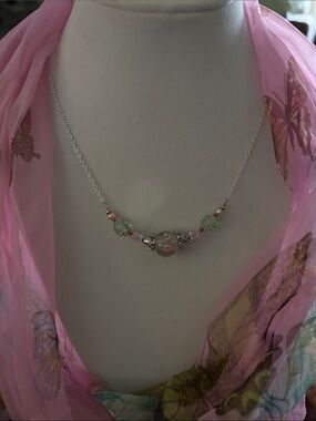 Delicate Pink & Green Glass Bead Necklace - Women's Jewelry